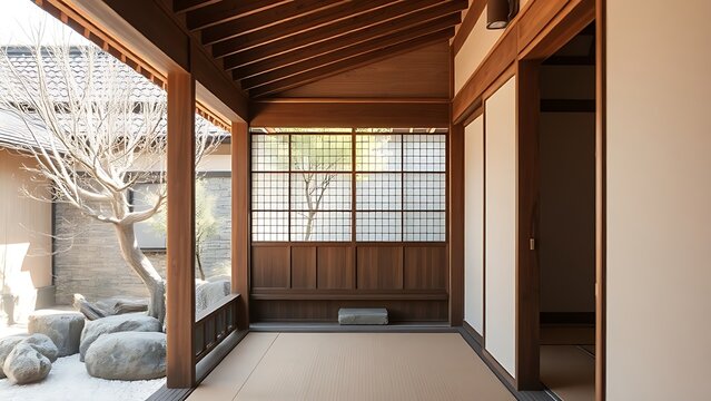 Traditional Japanese wooden engawa connecting room to stone garden, soft natural light.