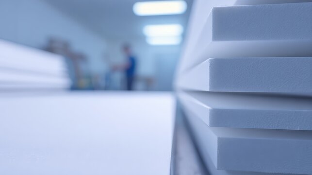 Stacking white foam insulation panels in warehouse production