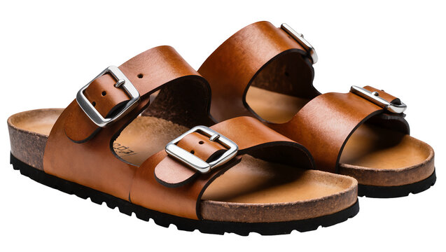 Brown leather sandals with adjustable buckles and cork footbed
