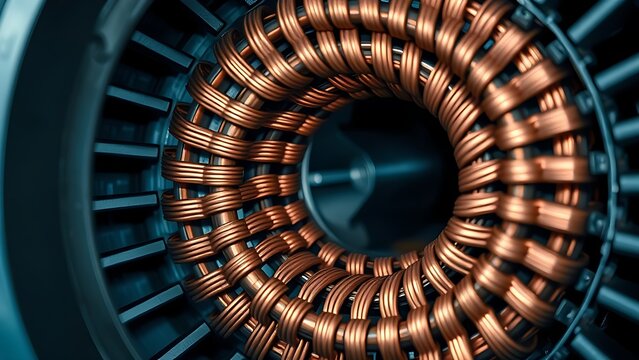 Electric motor stator with copper wire coils on laminated steel core, industrial detail.