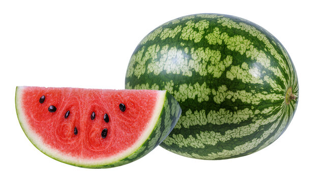 Whole and Sliced Watermelon with Black Seeds and Green Rind