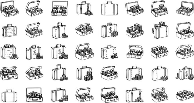 Hand Drawn Suitcase Money Icon Set. Sketch Style Vector Illustration of Briefcases with Cash and Coins, Representing Wealth, Business, and Finance.