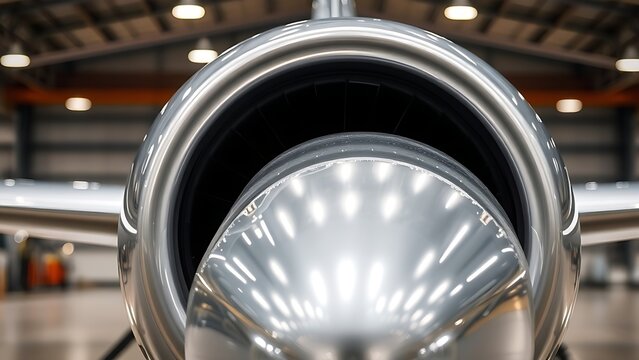 A polished aircraft engine nacelle reflecting hangar lights on metallic surface.