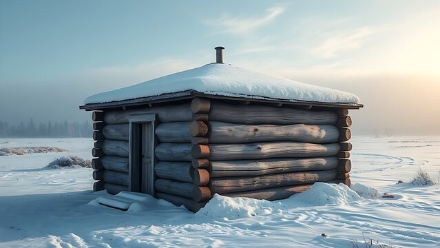 Square log blockhouse isolated in a snow-covered wilderness, soft winter light, desolate landscape.