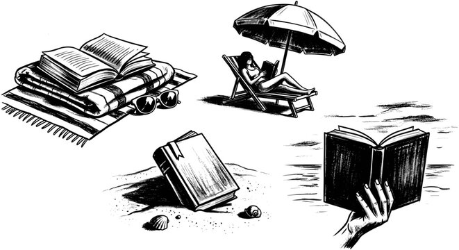 Relaxing beach scenes with people enjoying reading books and sunbathing