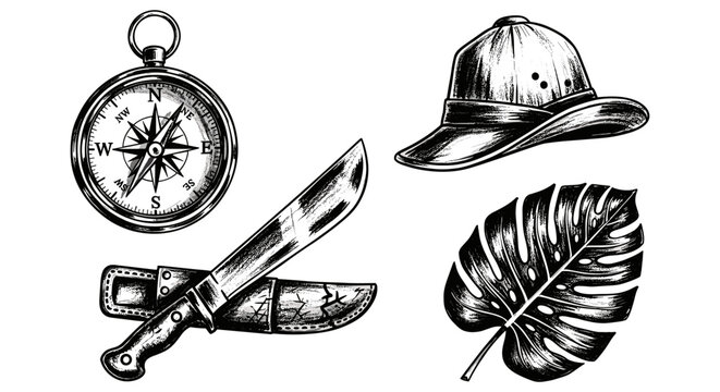 Vintage explorer's gear: compass, machete, pith helmet, and tropical leaf illustration