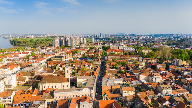 Aerial view of Zemun historic district with red-tiled rooftops and the Danube river Belgrade, City of Belgrade, Serbia.