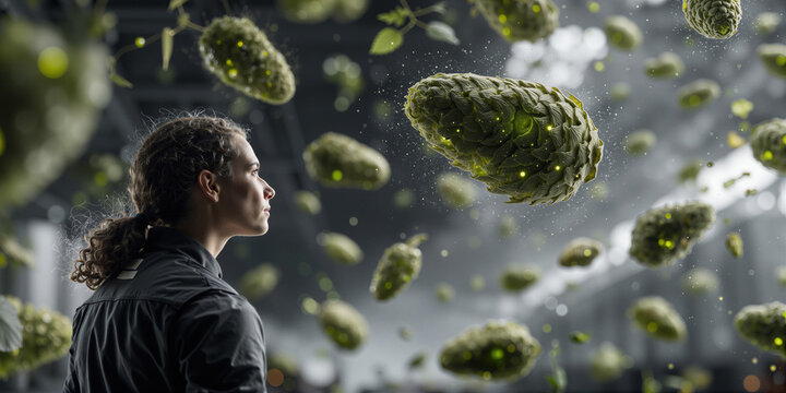 Analyzing glowing moss samples within tranquil laboratory with airborne particles