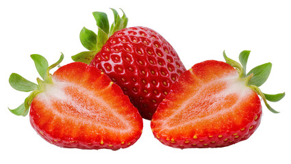 Fresh ripe strawberries with green leaves and halved fruit © Rowan