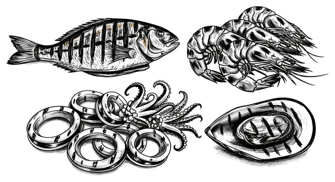 Collection of grilled seafood including fish, shrimp, octopus, and mussel