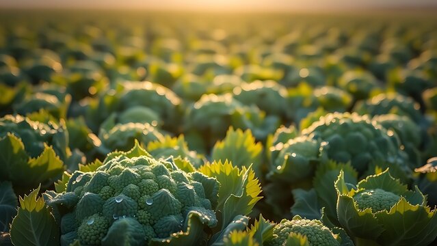 Vast field of green broccoli under soft morning sunlight with dew.