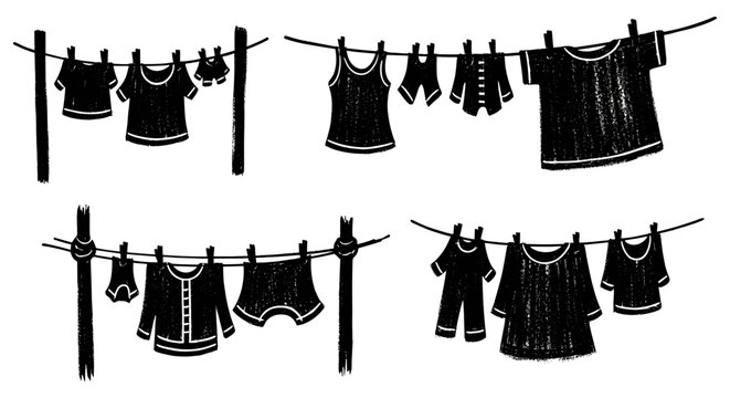 Black and white illustration of clothes hanging on a clothesline to dry