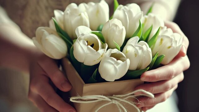 Hand holding a bouquet of white flowers with green stems tied in brown paper and twine.