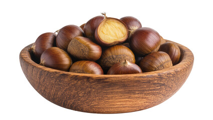 Fototapeta premium Wooden bowl full of brown chestnuts with green husks