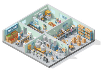 Obraz premium Isometric view of a modern food processing factory with automated production lines