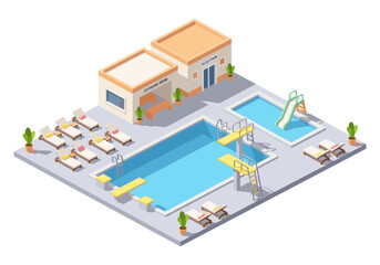 Obraz premium Isometric swimming pool complex with diving boards, slide, and lounge chairs