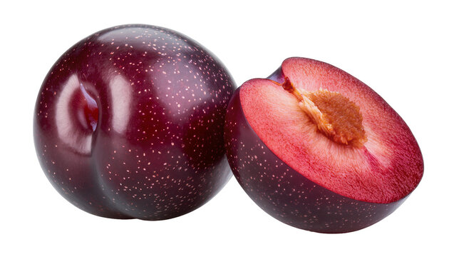 Dark purple plums with halved fruit showing juicy flesh