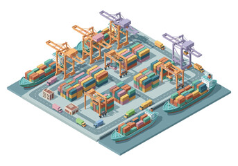 Obraz premium Isometric view of a busy shipping port with cranes, cargo ships, and containers
