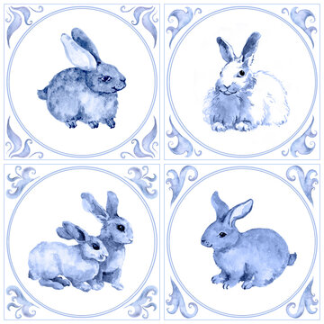 Blue watercolor rabbits in four framed panels with ornate corner scrolls on a white background; ideal for nursery prints, stationery, and gift wrap. Part of a coordinated matching pattern set.