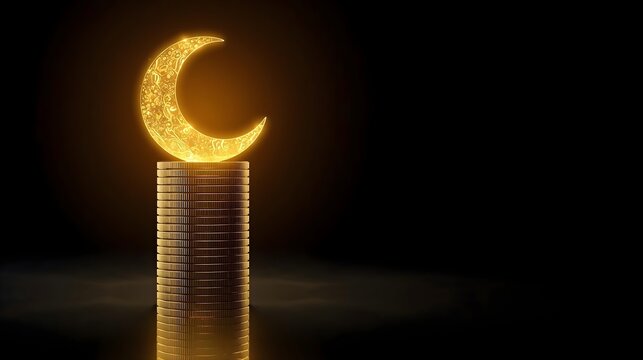 Glowing golden crescent moon balancing on a stack of gold coins