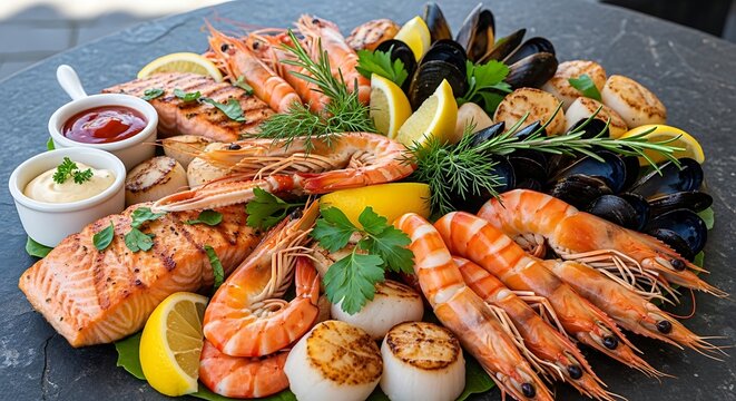 Fresh seafood platter with grilled shrimp salmon mussels and scallops on a dark stone plate. fisch platte