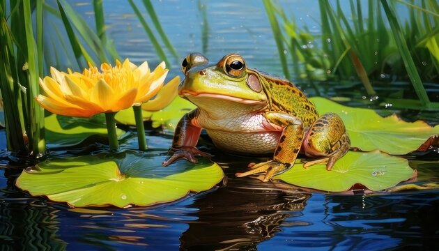 A vibrant green frog rests on a lily pad next to a yellow water lily in a tranquil pond.