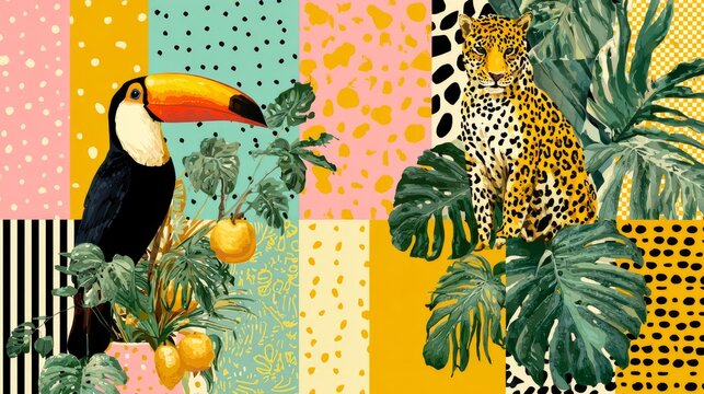 81.Cute tropical patchwork print with toucans, leopards and jungle plants, mixed patterns of stripes and polka dots, bright pastel and bold colors, seamless vector illustration