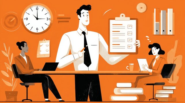 51.Cartoon style vector scene of effective time management, manager pointing at clock and task list, employee listening attentively, dominant orange tones, clean flat design