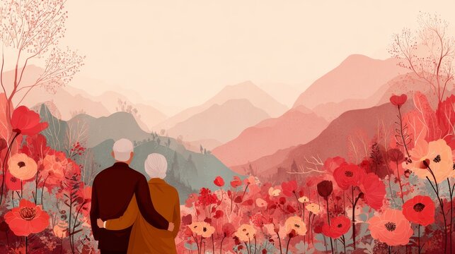 100.Romantic and serene vector illustration of unrecognizable elderly couple hugging while facing a flower filled landscape, gentle light, harmonious colors, calm and reflective mood