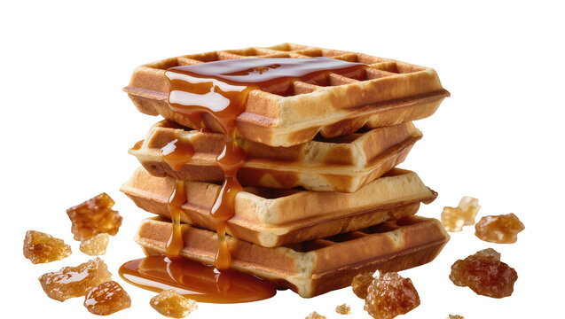 Stacked golden waffles drizzled with caramel and sprinkled with brown sugar