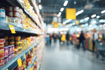 Obraz premium Abstract defocus blurred of consumer goods in supermarket grocery store, business retail and customer shopping mall service, motion blurry concept. Generative AI image