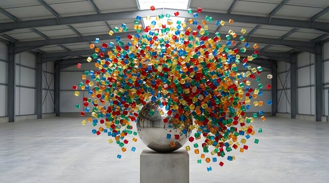 A large, colorful art installation in a modern industrial warehouse space with a concrete floor and metal beams