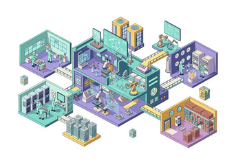 Obraz premium Modern laboratory complex with robotic arms and scientists conducting research
