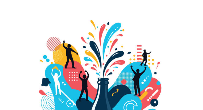 Festive celebration graphic shows a dark bottle with colorful liquid erupting among silhouetted party people having fun at an event.