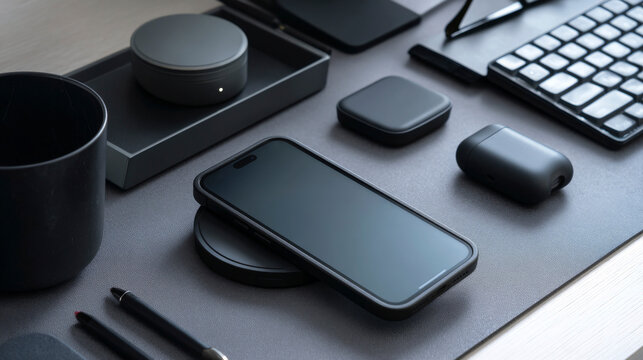 Smartphone on desk with matching accessories and wireless charger. Generative AI image