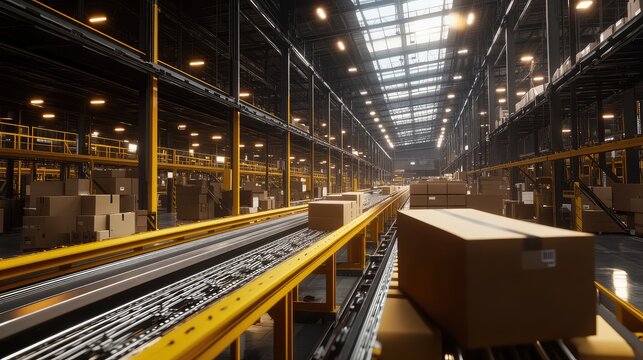 Automated warehouse distributing packages on conveyor system