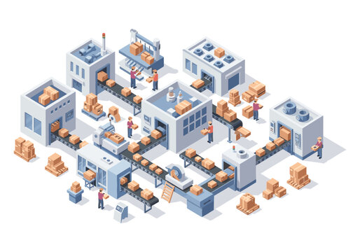 Isometric factory production line with conveyor belts and workers moving boxes