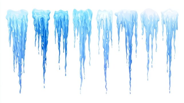 63.Blue ice icicles vector pack, stylized cartoon shapes, translucent frozen look, hanging downward forms, clean white background, winter illustration elements