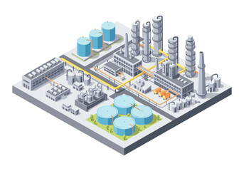 Obraz premium Isometric industrial complex with tanks, pipelines, and processing units