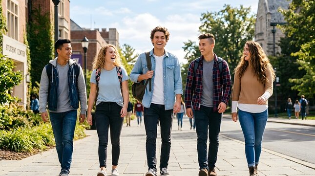 Diverse group of college students walking on campus path