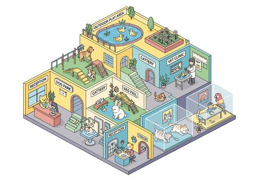 Cute isometric pet care center with various animals and services