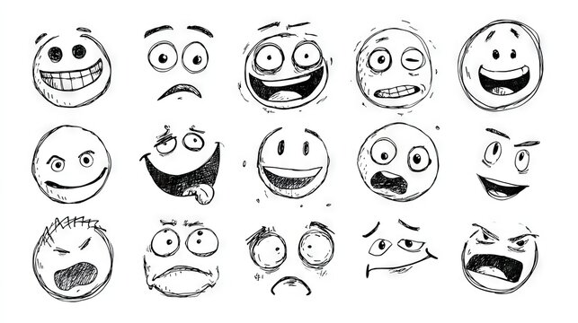 68.Cartoon doodle emoji faces, hand drawn lines, mix of positive and negative expressions, simple round shapes, clean isolated vector illustration
