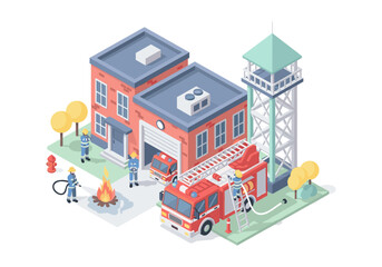 Fototapeta premium Firefighters bravely battling a blaze outside their station with trucks and equipment ready