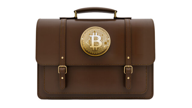 Brown leather satchel briefcase with Bitcoin logo emblem detail