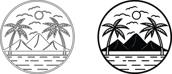 Obraz premium Exotic island scene with twin palm trees mountains sun and ocean line art and silhouette.