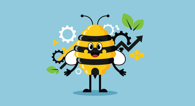 Friendly cartoon bee character is surrounded by gears and a financial growth arrow representing productivity and business success in nature.