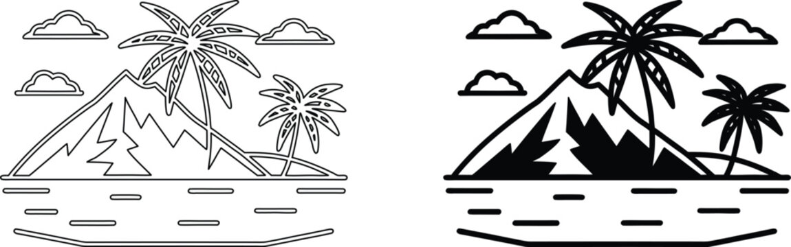 Volcano island with palm trees clouds and ocean waves line art and silhouette.