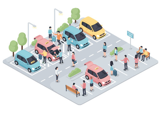 Isometric scene of people waiting for rideshare or taxi services at a pickup zone