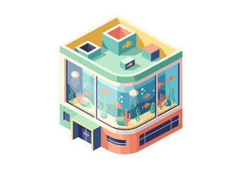 Obraz premium Isometric aquarium building with marine life and aquatic plants on display