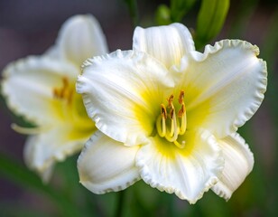 Obraz premium Close-up of two creamy-white flowers with ruffled edges and vibrant yellow centers, in a blurry, green background